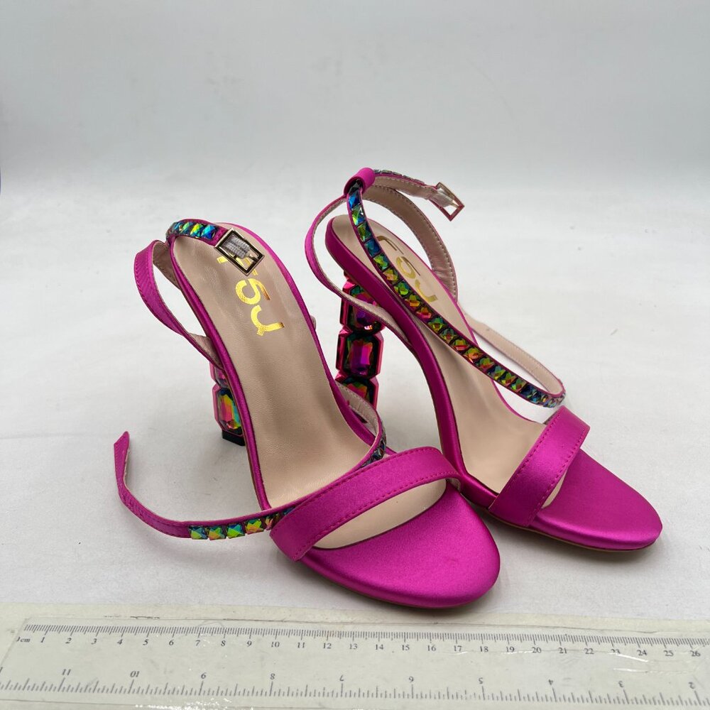 FSJ Fuchsia Satin Evening Shoes Ankle Strap Crystal Block Heel Sandals - Picture 4 of 8